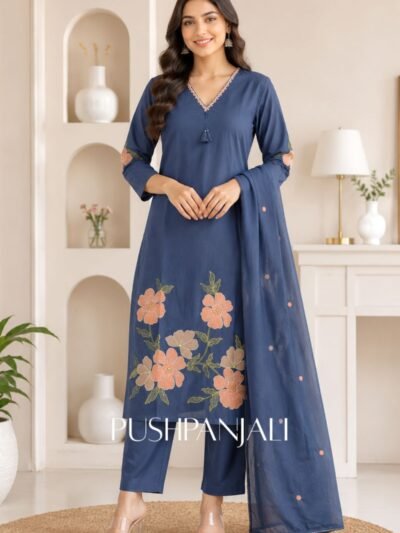 Premium Steel Blue Floral Embroidered Kurta Pant Set with Dupatta for Women