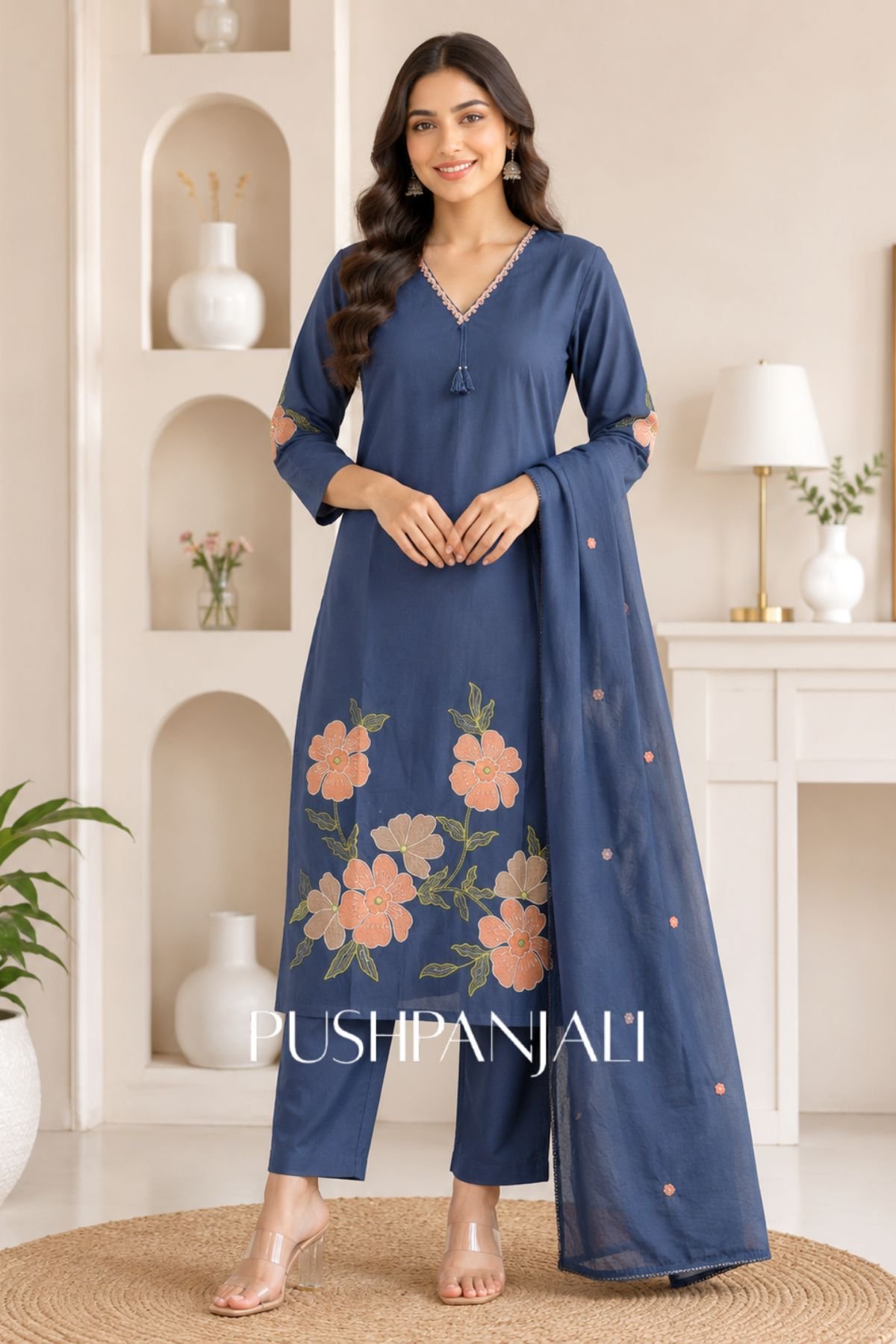 Premium Steel Blue Floral Embroidered Kurta Pant Set with Dupatta for Women