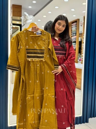 Women's Mustard Pure Cotton Embroidered Kurta Set