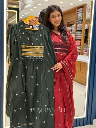 Women's Bottle Green Pure Cotton Embroidered Kurta Set