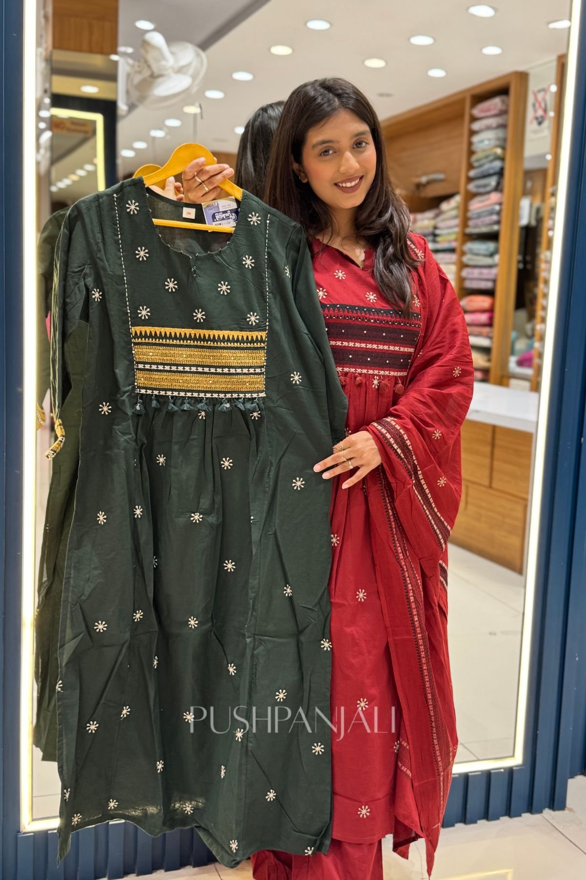 Women's Bottle Green Pure Cotton Embroidered Kurta Set