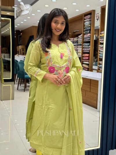 Women's Lime Green Pure Cotton Embroidered Kurta Set