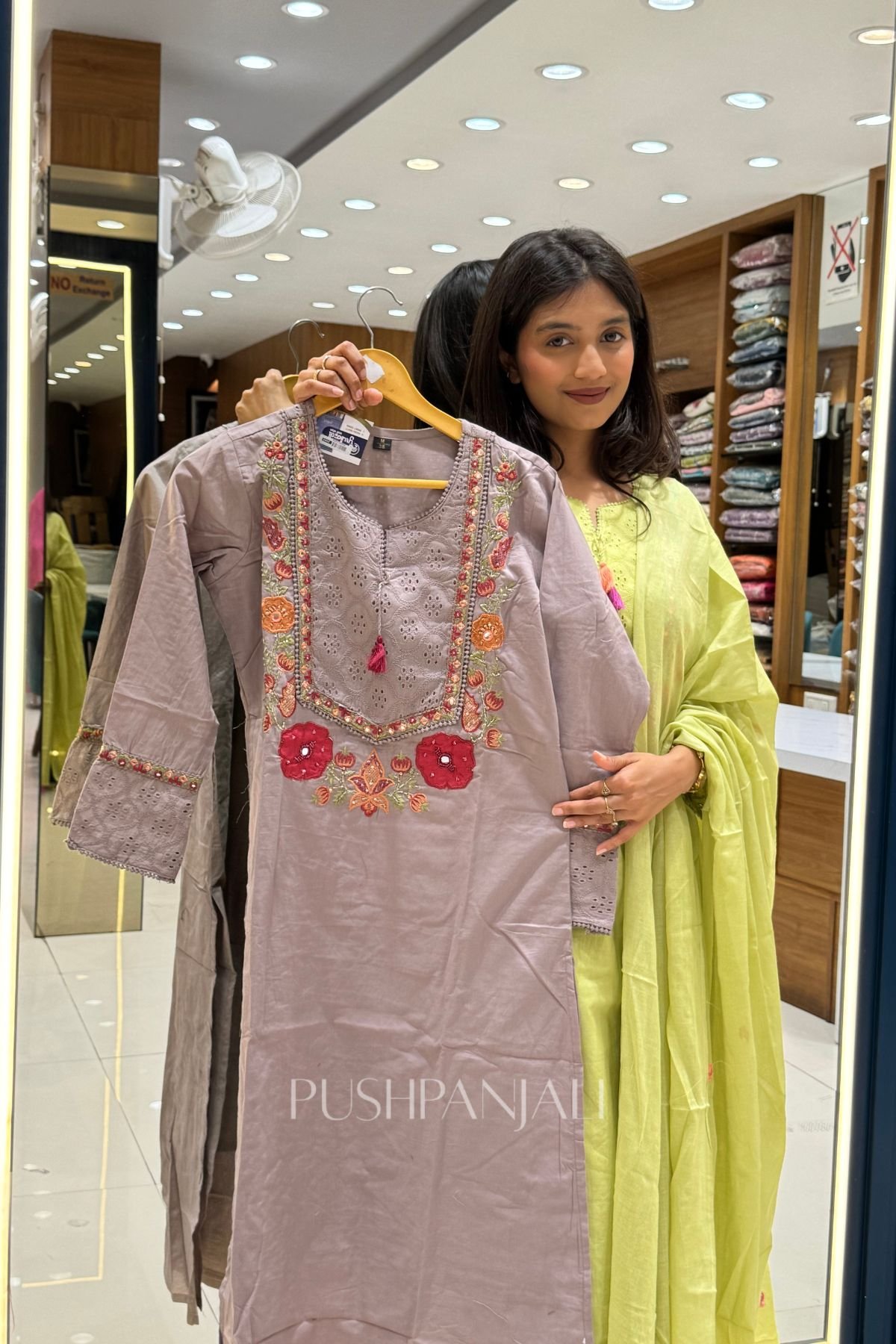 Women's Lavender Grey Pure Cotton Embroidered Kurta Set - Image 2