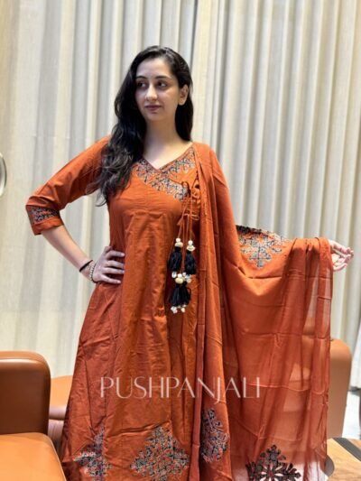 Premium Rust Orange Cotton Angrakha Kurta Pant Set with Dupatta for Women