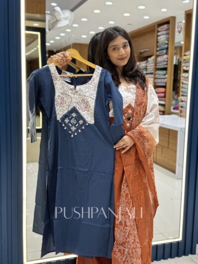 Premium Navy Blue Cotton Straight Kurta Pant Set with Dupatta for Women