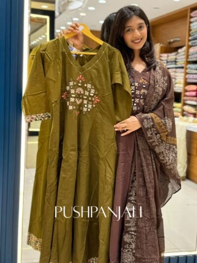 Premium Olive Green Cotton Embroidered Kurta Pant Set with Dupatta for Women