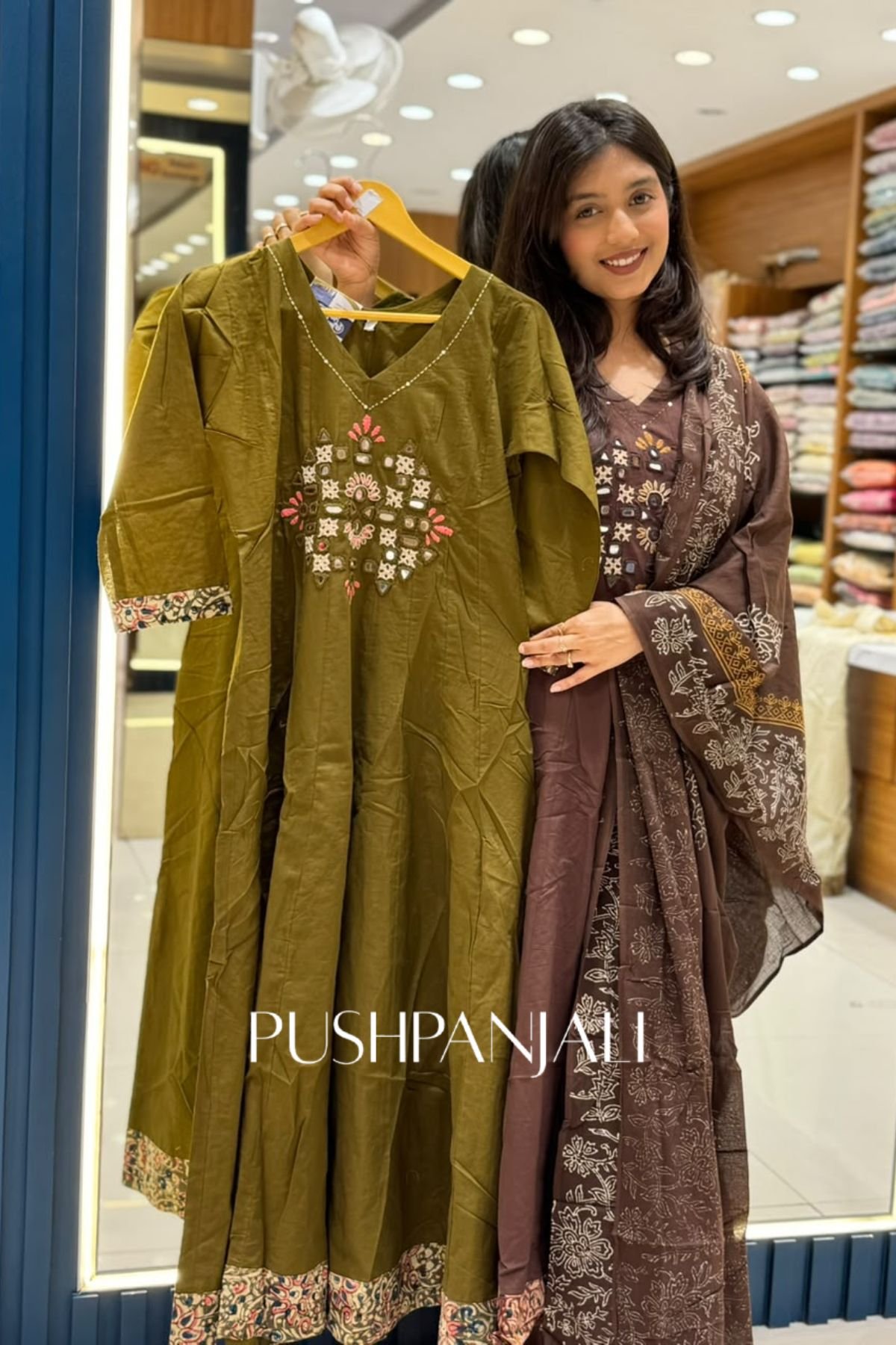 Premium Olive Green Cotton Embroidered Kurta Pant Set with Dupatta for Women