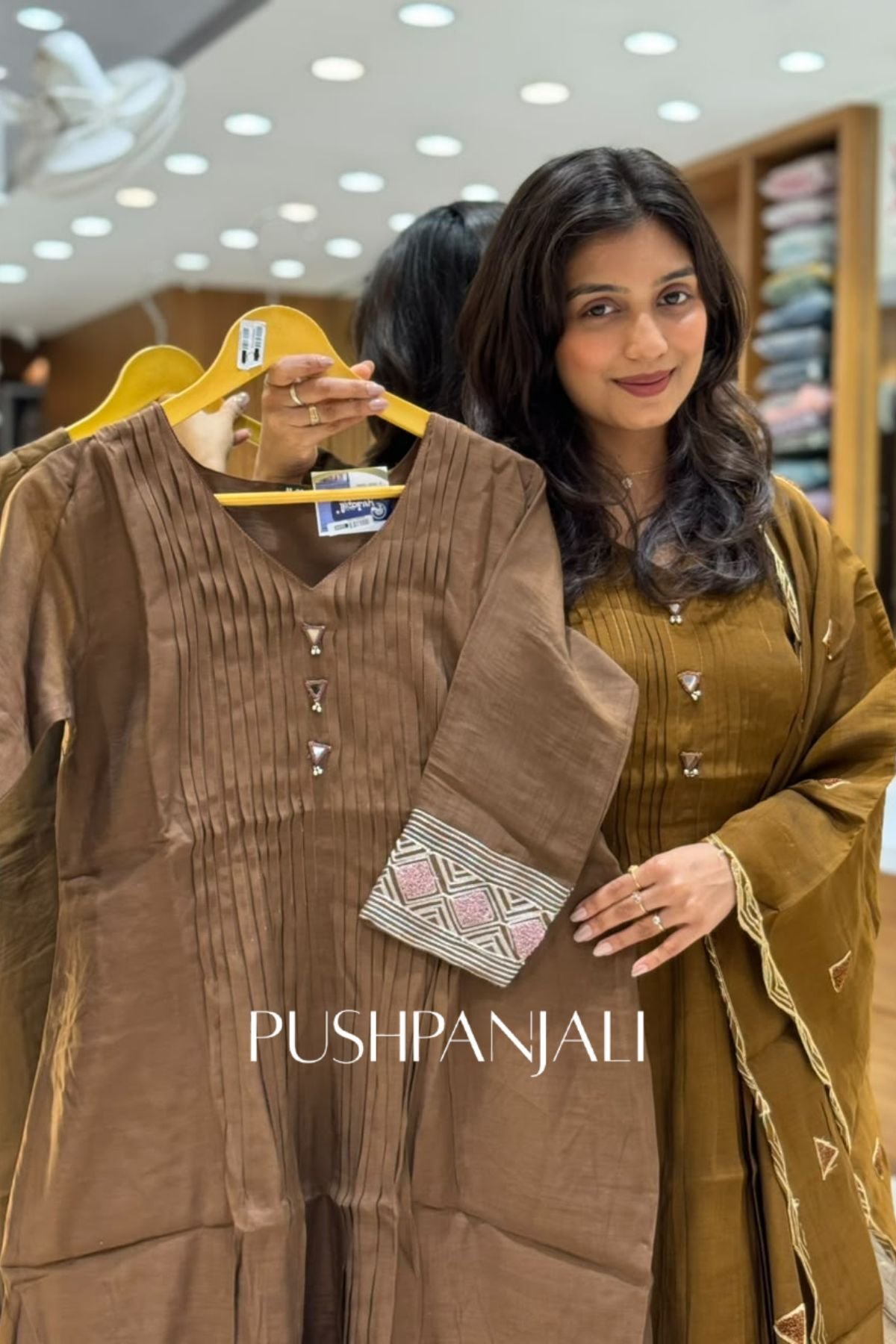 Coffee Brown Chanderi Silk Pintuck A-Line Kurta Set with Embroidered Borders - Image 2