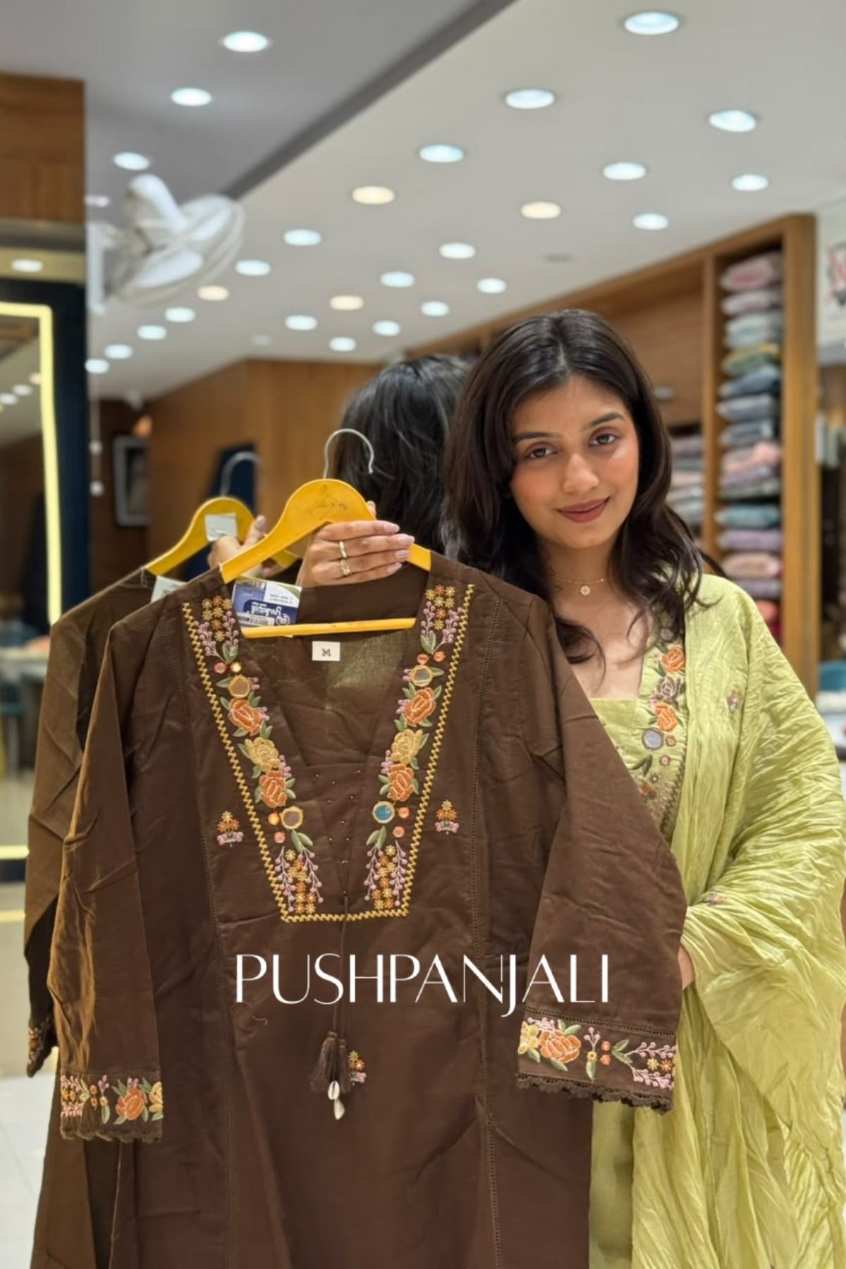 Coffee Brown Chanderi Silk Floral Embroidered Straight Kurta Set - Image 2