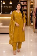 Mustard Cotton Kurta Pant Set with Printed Dupatta for Women