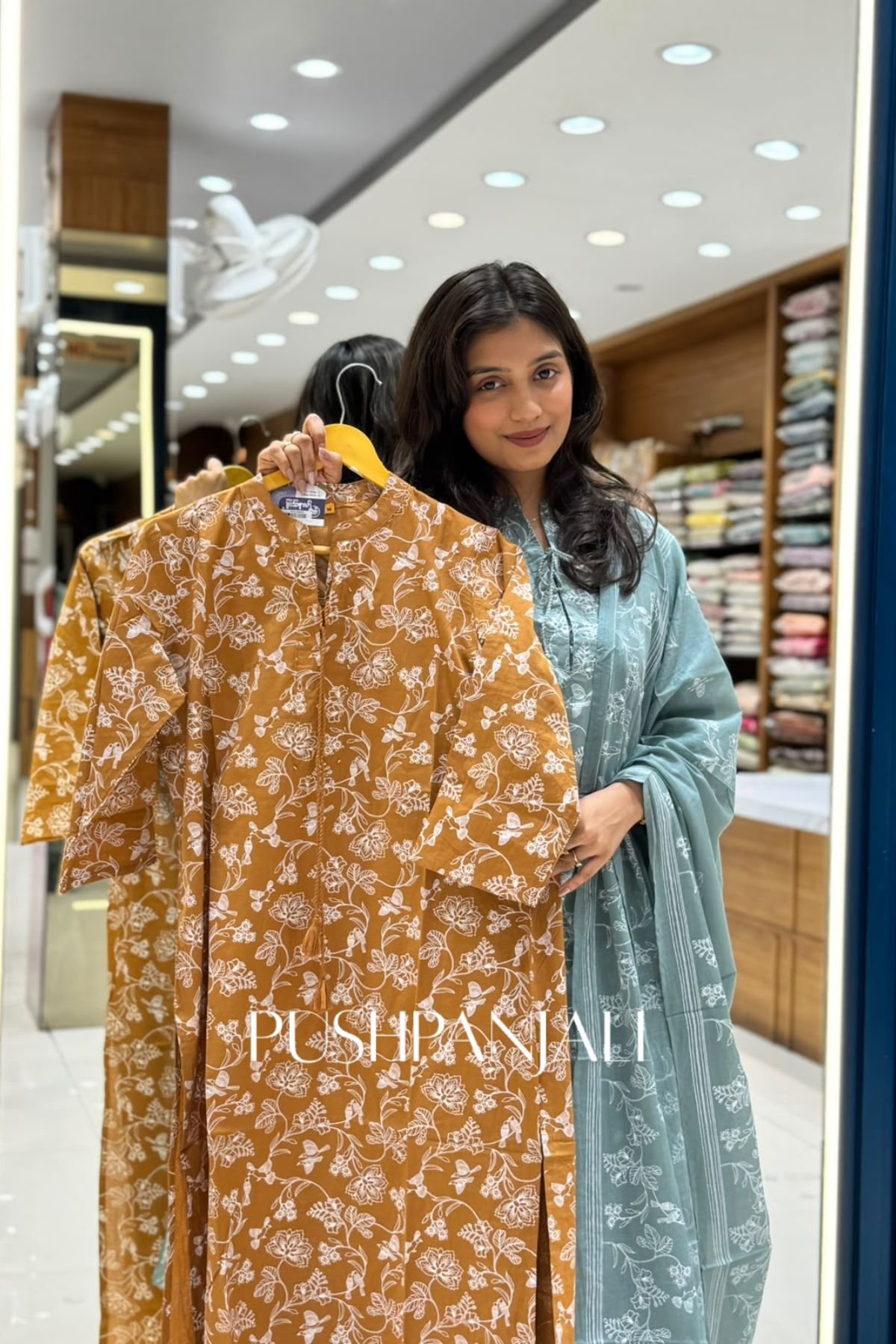 Mustard Ochre Cotton Floral Printed Straight Kurta Pant Set with Dupatta - Image 2