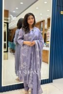Premium Cotton Embroidered Kurta Set with Dupatta – Lavender Grey