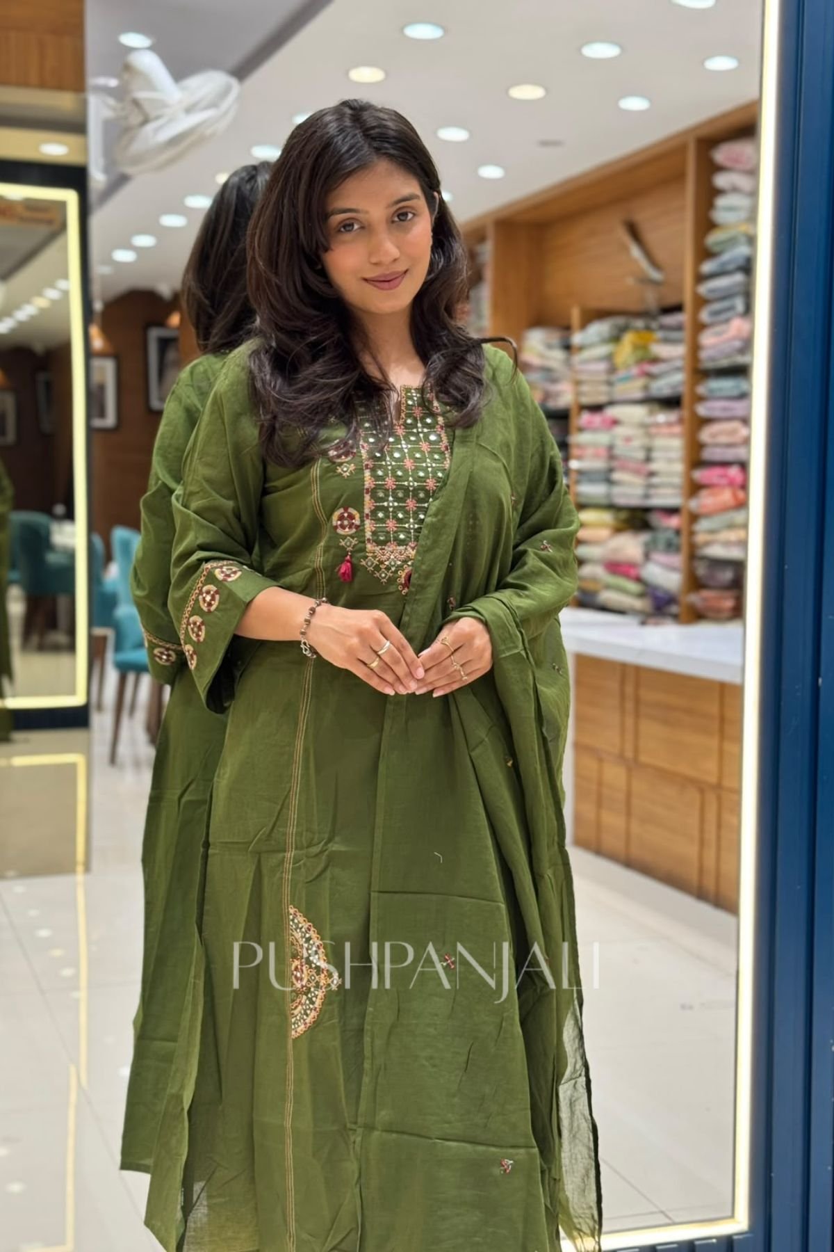 Olive Mehendi Green Cotton Straight Kurta Pant Set - Image 2