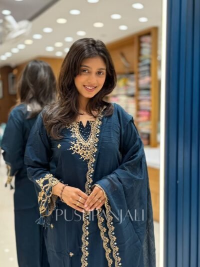 Premium Cotton Embroidered Kurta Set with Dupatta – Teal Blue