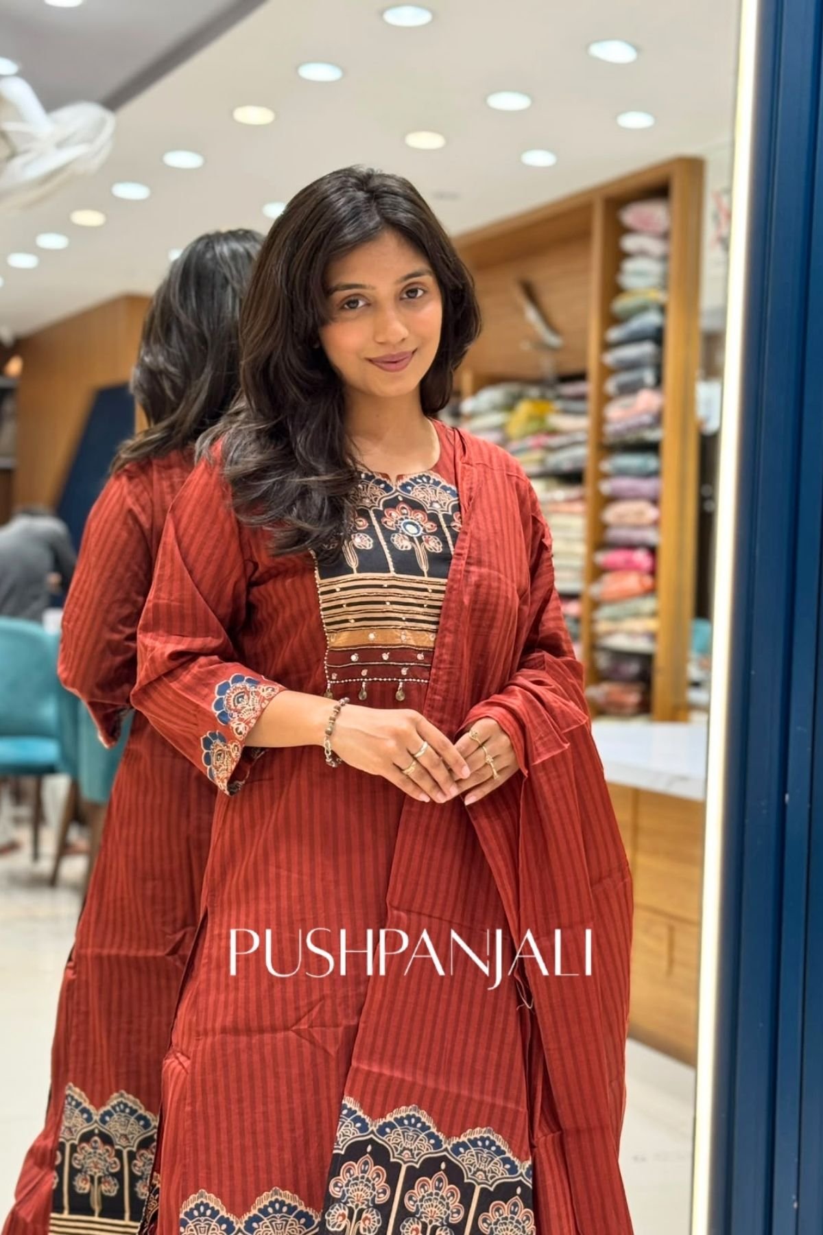 Premium Cotton Printed Anarkali Kurta Set with Dupatta – Rust Brown - Image 2
