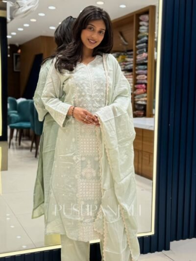 Premium Mint Green Cotton Embroidered Kurta Pant Set with Dupatta for Women