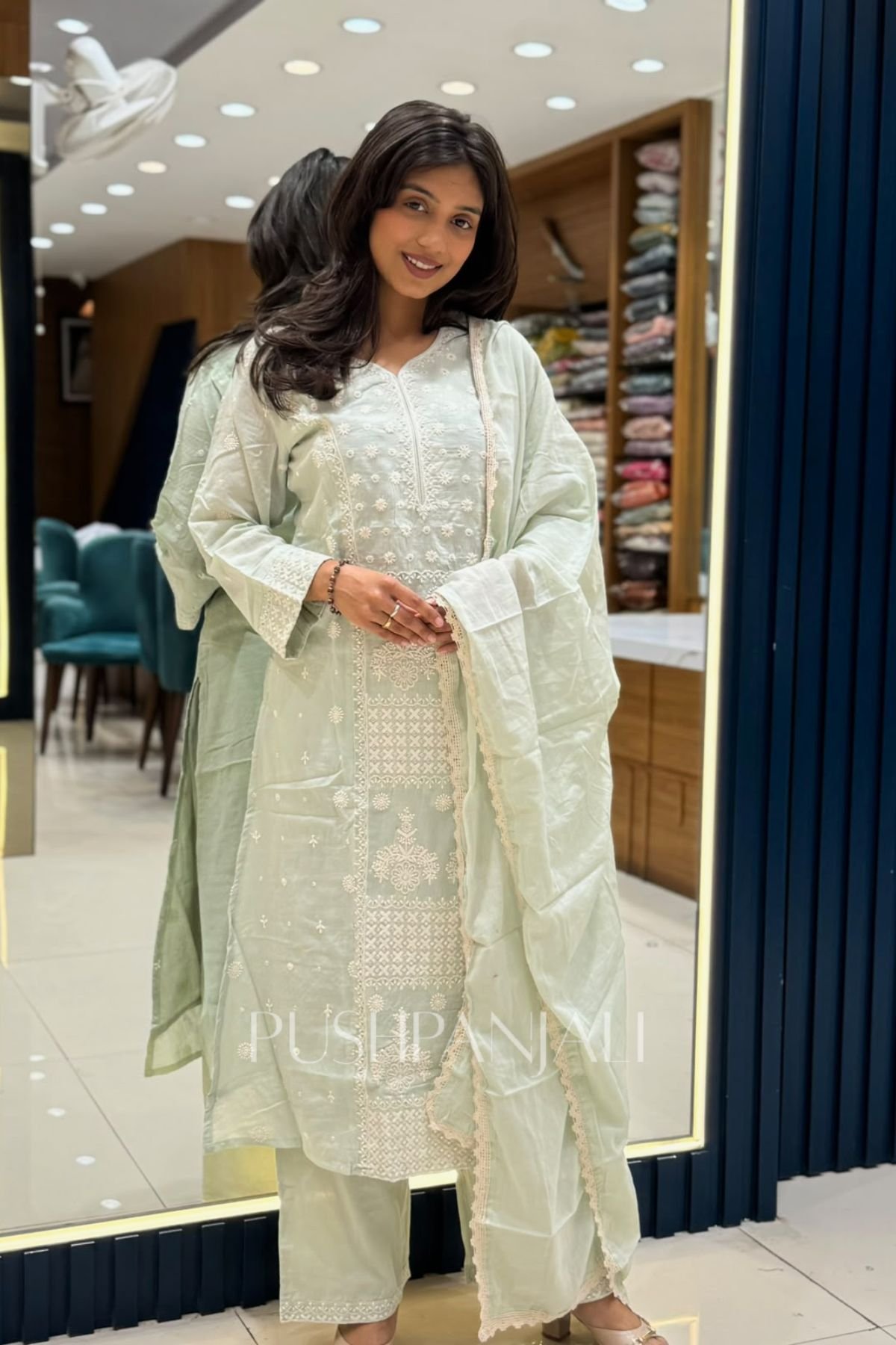 Premium Mint Green Cotton Embroidered Kurta Pant Set with Dupatta for Women