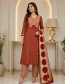 Premium Rust Red and Beige Geometric Print Cotton Straight Kurta Pant Set with Dupatta for Women