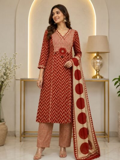 Premium Rust Red and Beige Geometric Print Cotton Straight Kurta Pant Set with Dupatta for Women