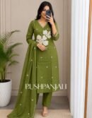 Premium Olive Green Floral Applique Cotton Straight Kurta Pant Set with Dupatta for Women