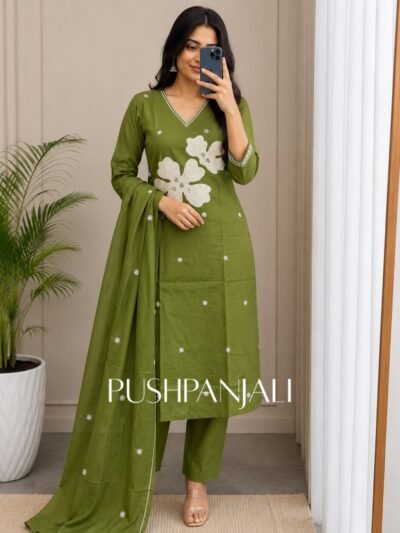 Premium Olive Green Floral Applique Cotton Straight Kurta Pant Set with Dupatta for Women