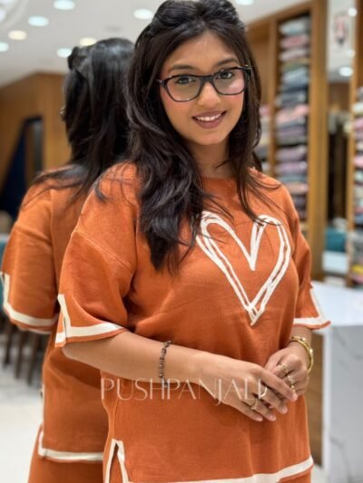 Rust Orange Heart Embroidered Co-Ord Set | Premium Airport Look & Casual Wear