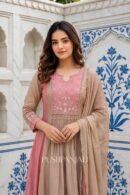 Premium Mul Chanderi Embroidered Anarkali Kurta Set with Dupatta – Beige