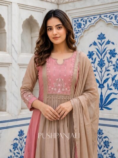 Premium Mul Chanderi Embroidered Anarkali Kurta Set with Dupatta – Beige