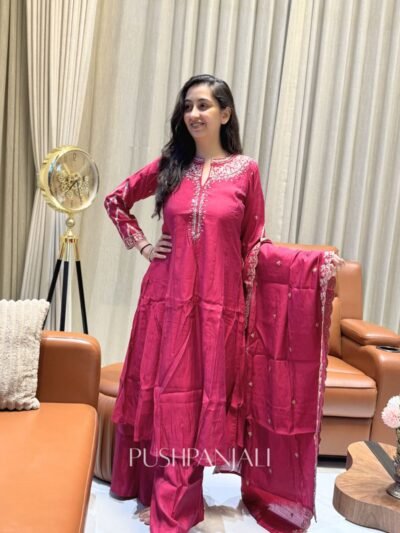 Premium Mul Chanderi Embroidered Anarkali Kurta Set with Dupatta – Magenta Pink