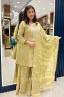 Premium Mul Chanderi Embroidered Anarkali Kurta Set with Dupatta – Olive Green