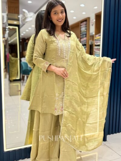 Premium Mul Chanderi Embroidered Anarkali Kurta Set with Dupatta – Olive Green