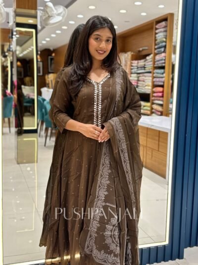 Premium Brown Embroidered Anarkali Kurta Pant Set with Dupatta for Women