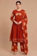 Women's Rust Red Floral Printed Anarkali Kurta Pant Set with Dupatta