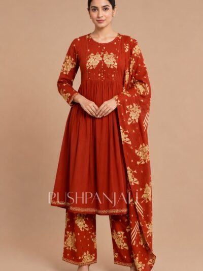 Women's Rust Red Floral Printed Anarkali Kurta Pant Set with Dupatta
