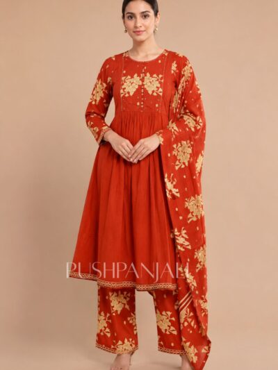 Women's Rust Orange Floral Printed Anarkali Kurta Pant Set with Dupatta