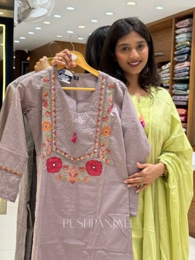 Women's Lavender Grey Pure Cotton Embroidered Kurta Set