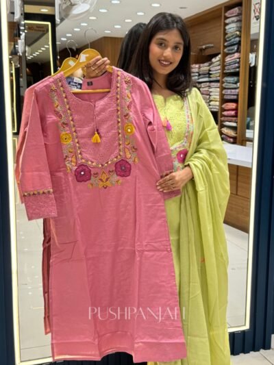 Women's Rose Pink Pure Cotton Embroidered Kurta Set