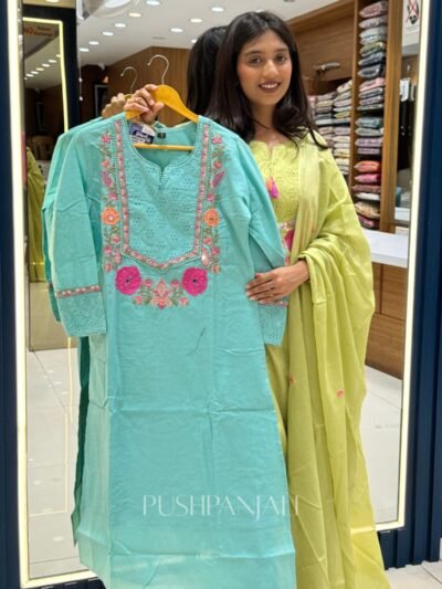 Women's Aqua Blue Pure Cotton Embroidered Kurta Set