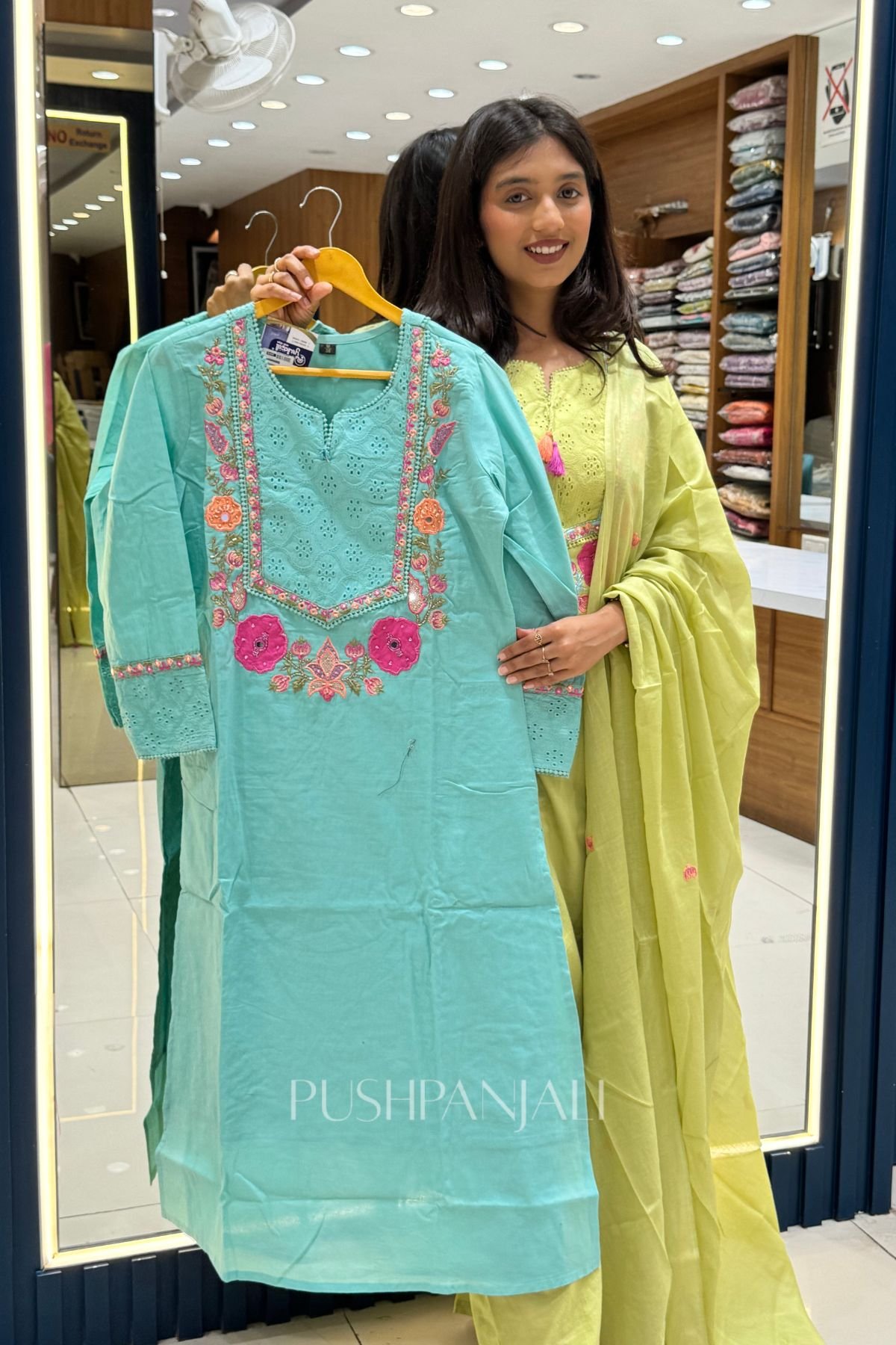 Women's Aqua Blue Pure Cotton Embroidered Kurta Set
