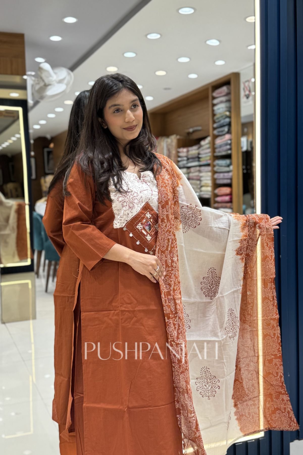 Premium Rust Brown Cotton Straight Kurta Pant Set with Dupatta for Women - Image 2