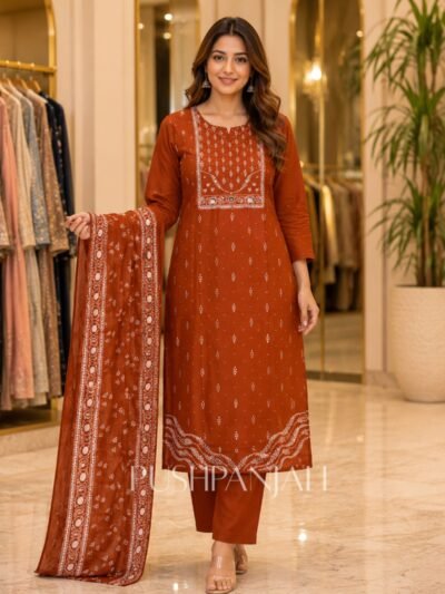 Brick Red Cotton Straight Kurta Pant Set with Printed Dupatta for Women