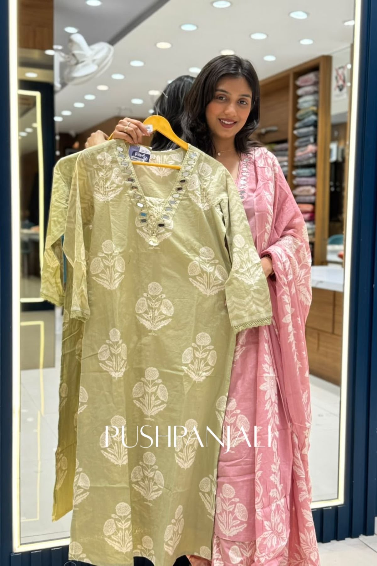 Pastel Mint Green Floral Printed Chanderi Cotton Kurta Set with Mirror Work Neckline