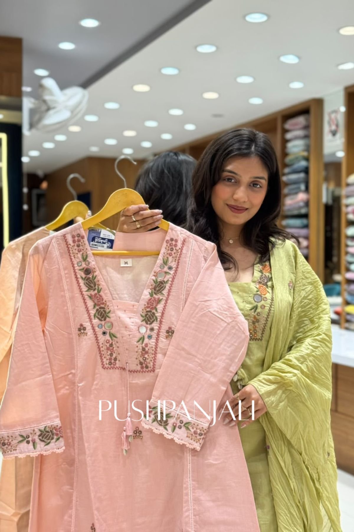 Pastel Peach Chanderi Silk Floral Embroidered Straight Kurta Set - Image 2