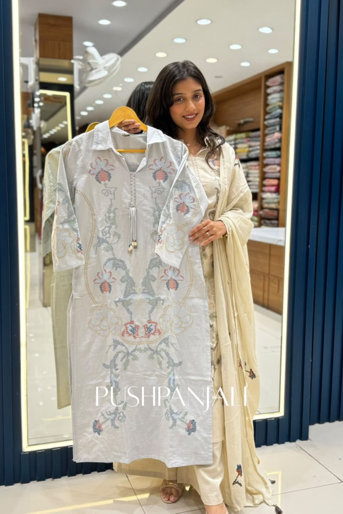 Ice Blue Cotton Silk Kashmiri Floral Embroidered Straight Kurta Set with Dupatta