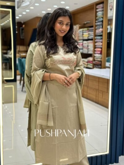 Muted Olive Grey Cotton Scenic Embroidered Straight Kurta Set with Border Dupatta