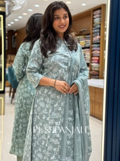Sage Green Cotton Floral Printed Straight Kurta Pant Set with Border Dupatta