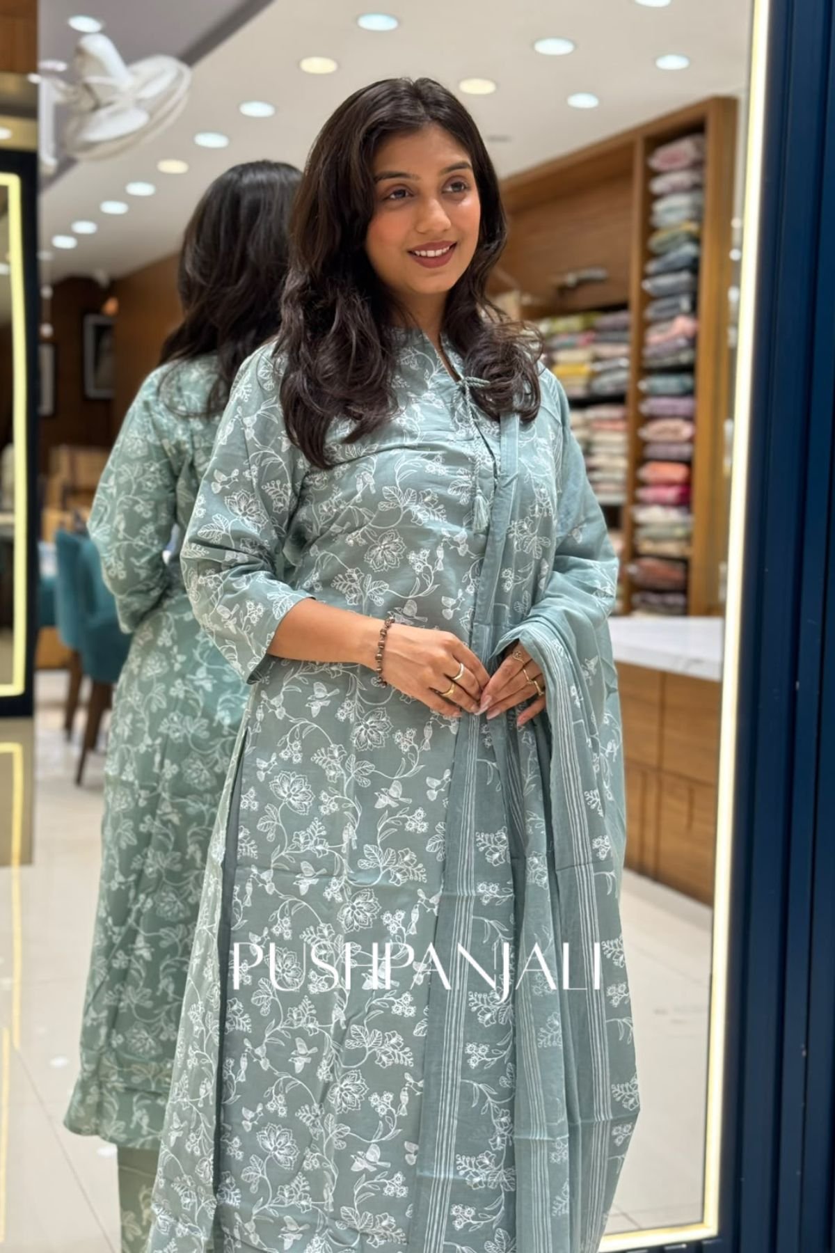 Sage Green Cotton Floral Printed Straight Kurta Pant Set with Border Dupatta