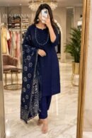 Navy Blue Cotton Kurta Pant Set with Printed Dupatta for Women