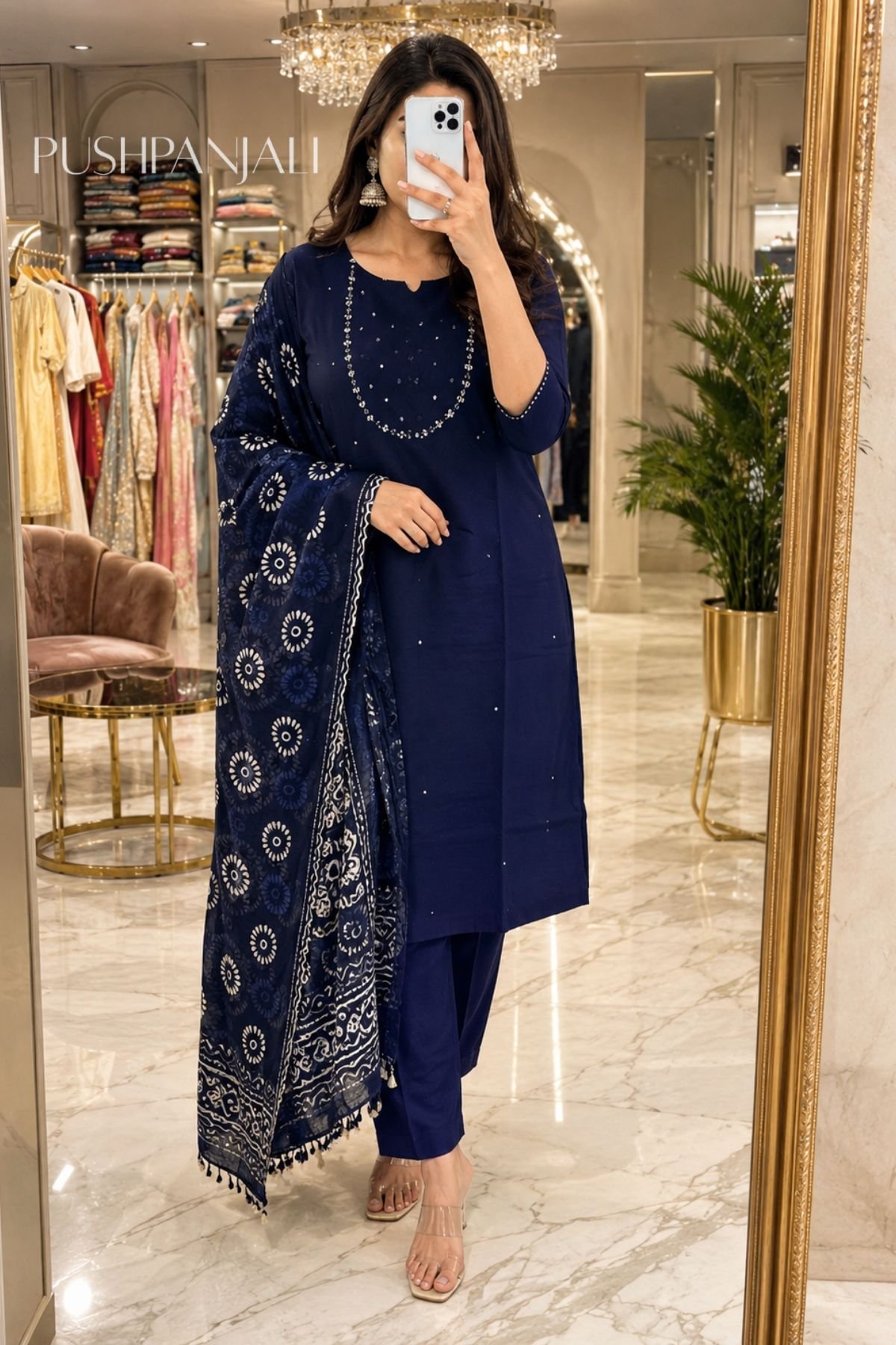 Navy Blue Cotton Kurta Pant Set with Printed Dupatta for Women