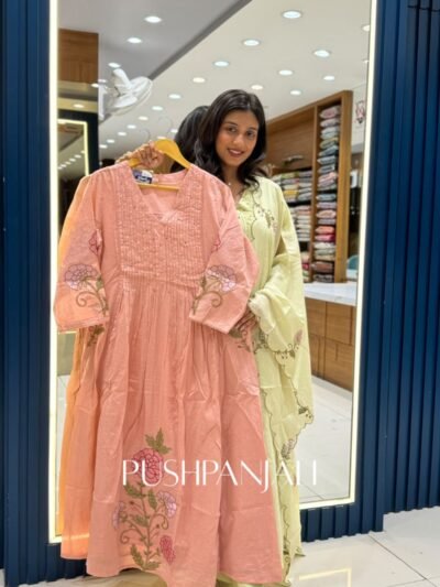 Peach Pink Cotton Anarkali Kurta Set with Scalloped Embroidered Dupatta
